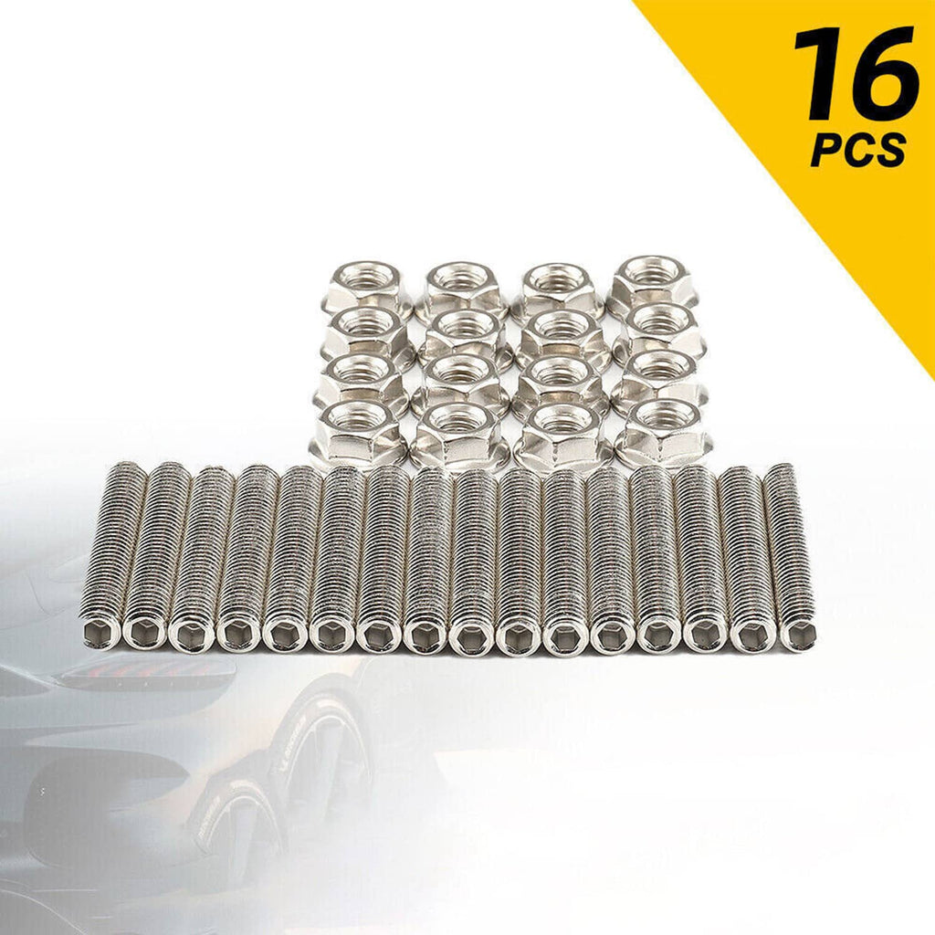 Stainless steel exhaust manifold studs and hex flange nuts kit, neatly arranged together