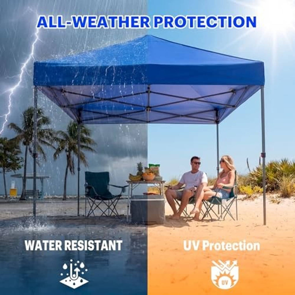 Blue canopy top fabric shown with water-resistant and UV protection graphics