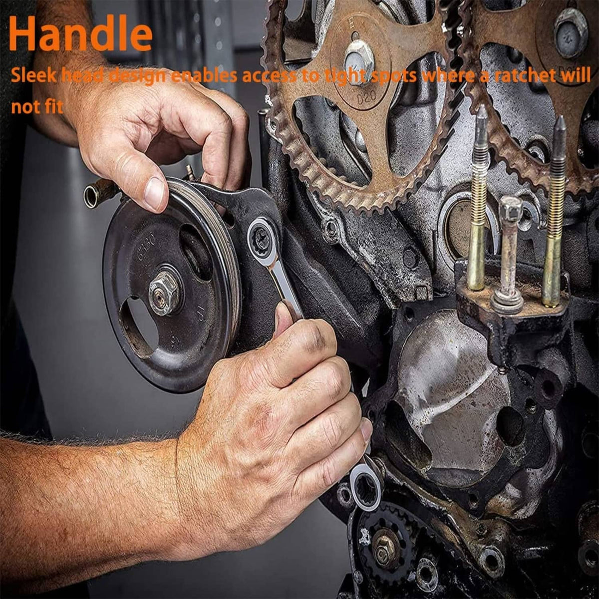 Hands using a chrome metric ratcheting double box-end wrench on an engine component