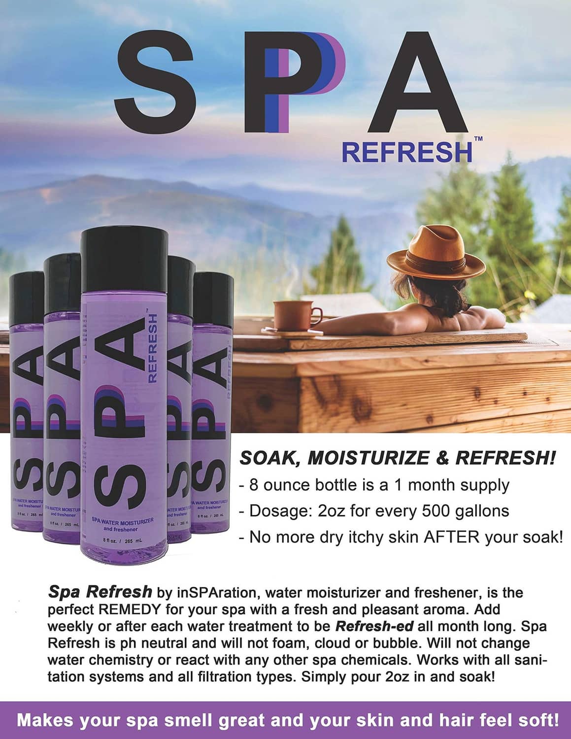 Spa Refresh water moisturizer bottles, purple with black caps, 8 oz (set shown)