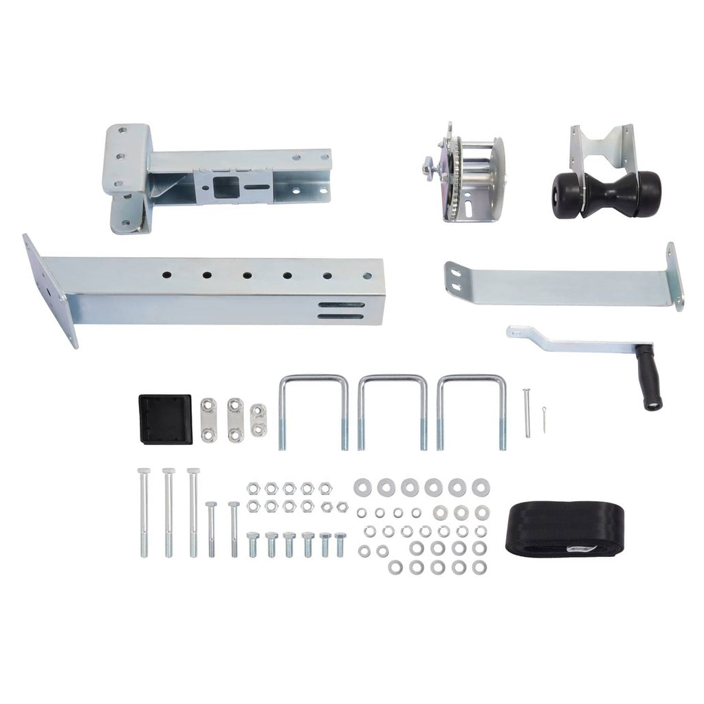 Winch stand parts kit with mounting brackets, hand winch, hook pieces, and bolts