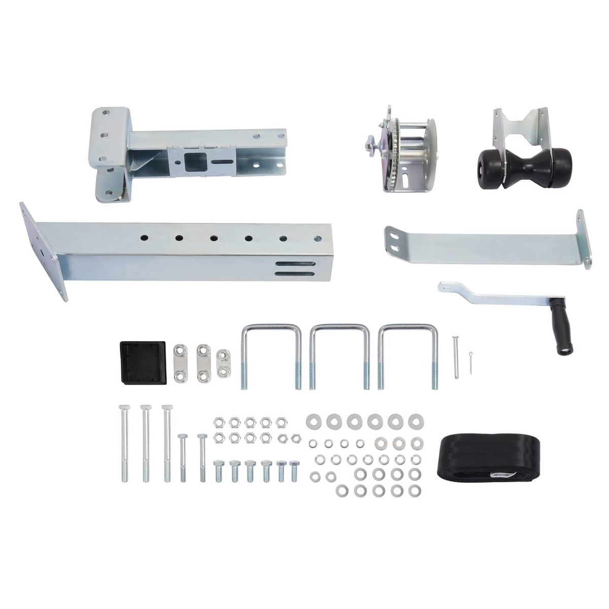 Winch stand parts kit with mounting brackets, hand winch, hook pieces, and bolts