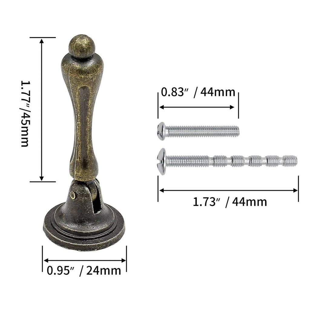 Antique bronze tear-drop cabinet pull on round base, shown with size dimensions
