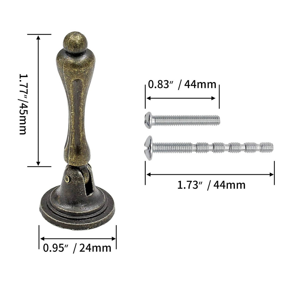 Antique bronze tear-drop cabinet pull on round base, shown with size dimensions