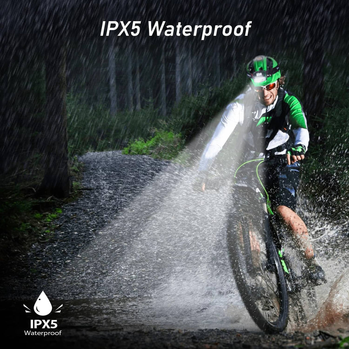 Rechargeable LED headlamp IPX5 waterproof light projecting a beam in wet conditions