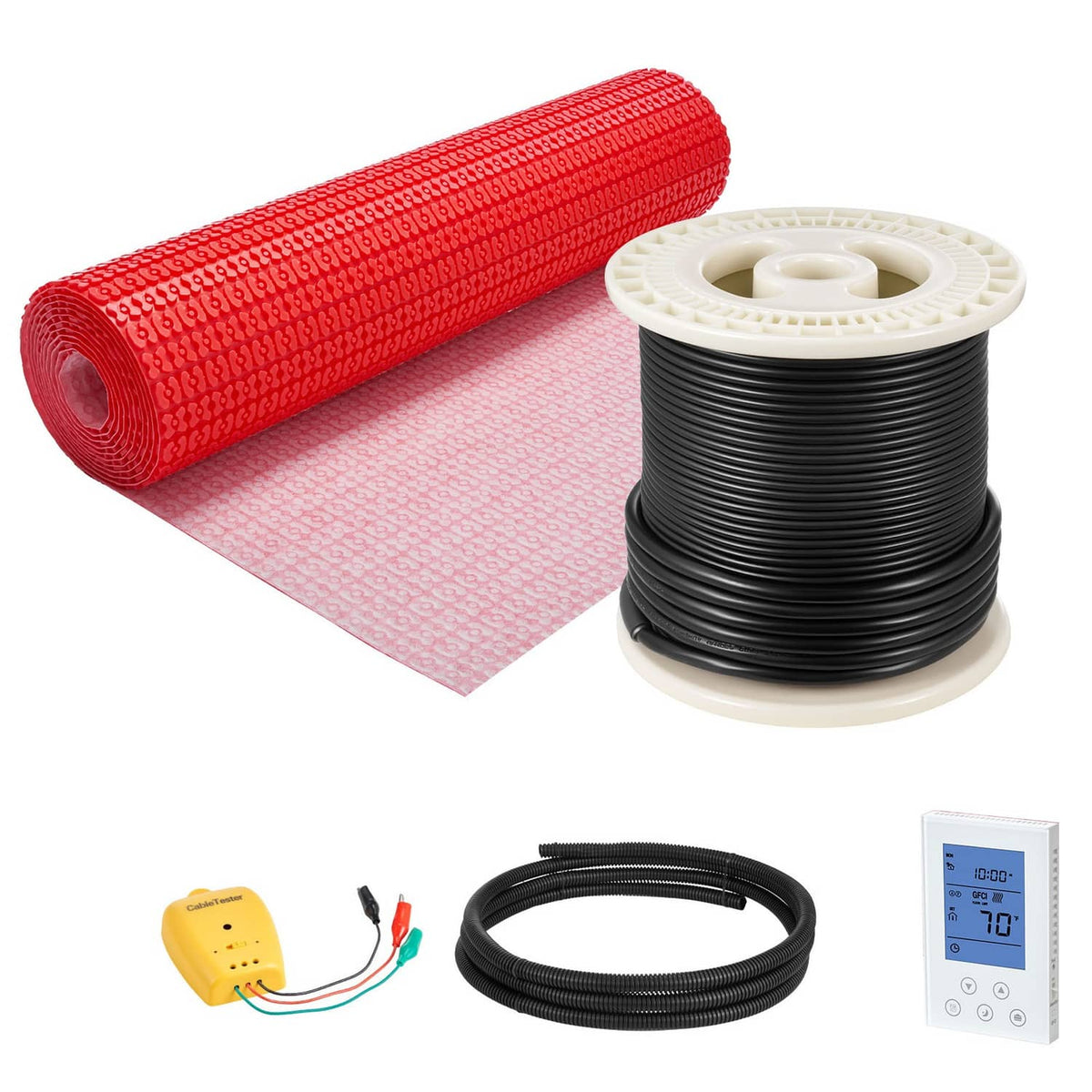 Red floor heating mat roll with black heating cable spool