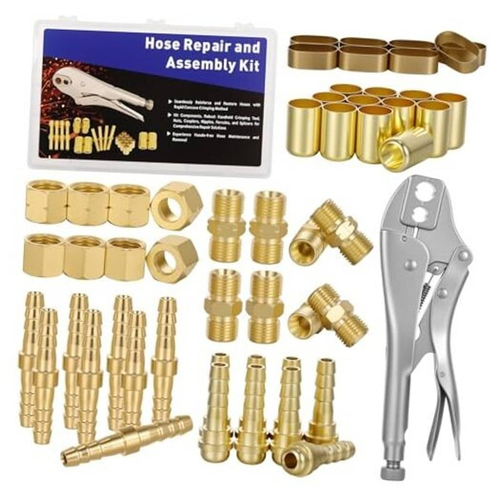 Brass welding hose repair assembly kit with couplers, ferrules, nuts, splicers, crimping tool