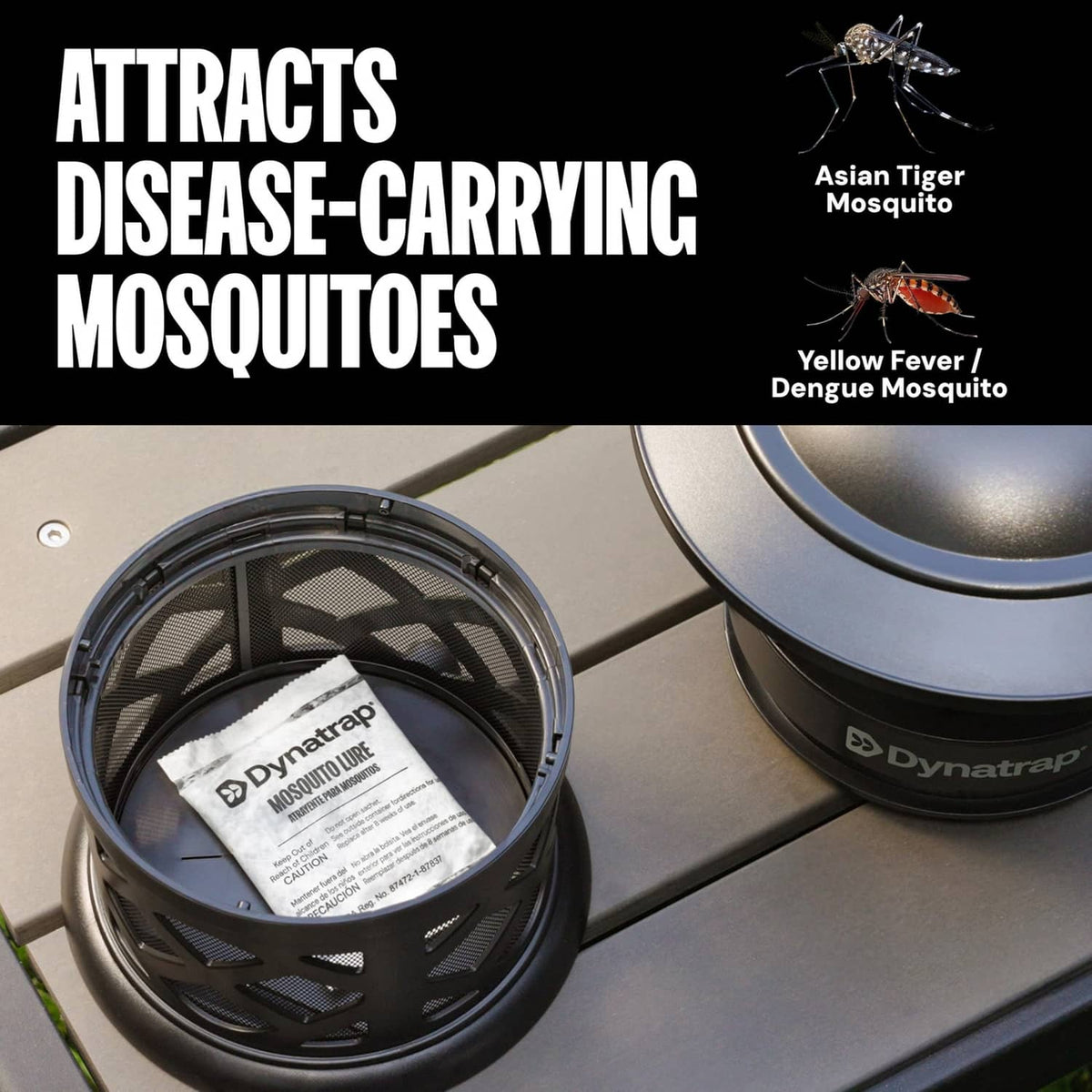 White mosquito lure sachet in trap basket beside black trap top