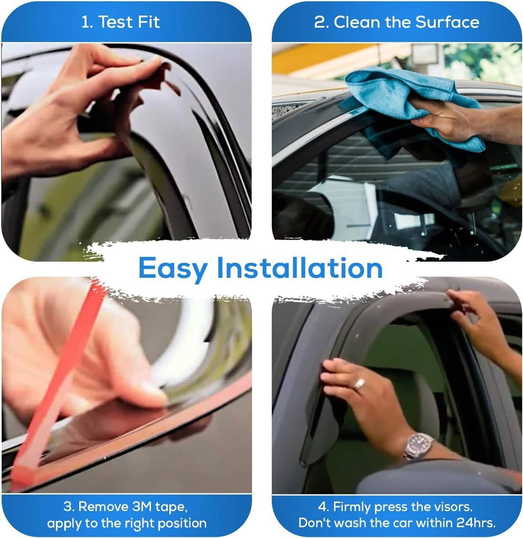 Hands applying a tape-on window visor rain guard to a car window