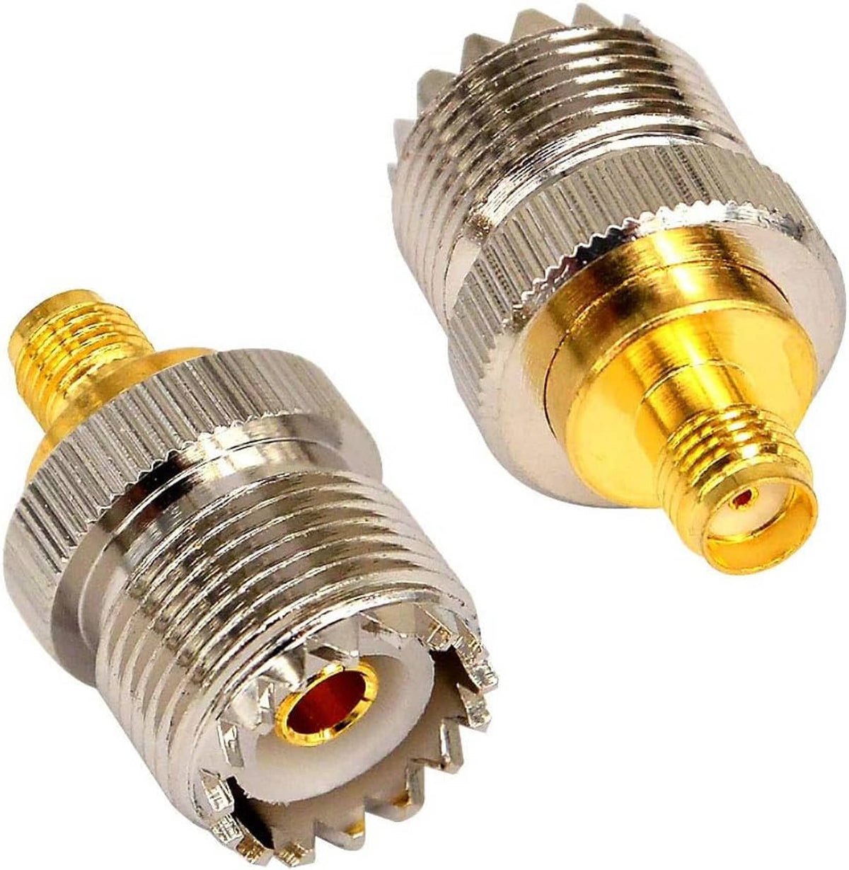 Coax adapter connectors, gold insert and silver threaded bodies with center pin