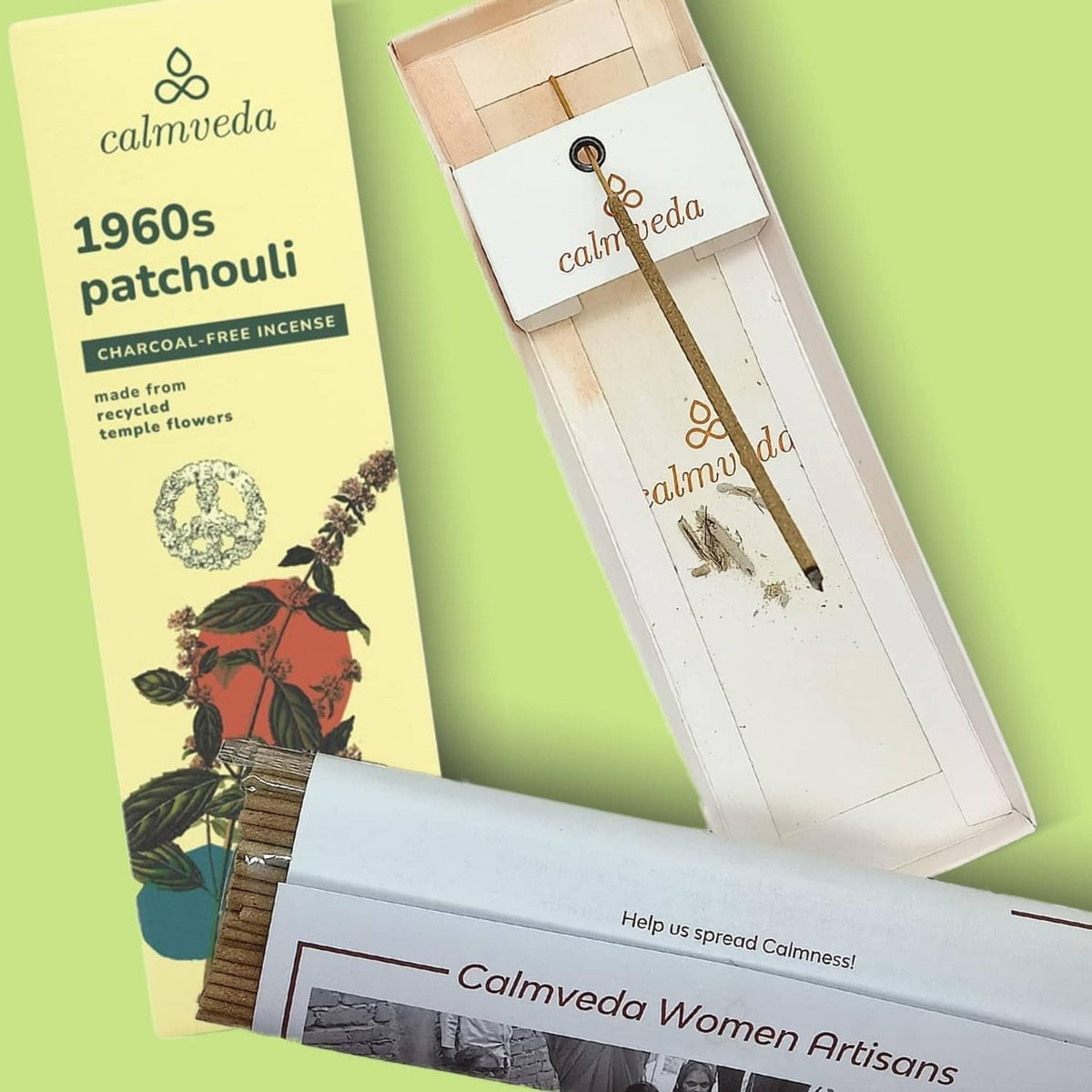 Box of charcoal-free 1960s patchouli incense sticks with visible stick bundle and sleeve