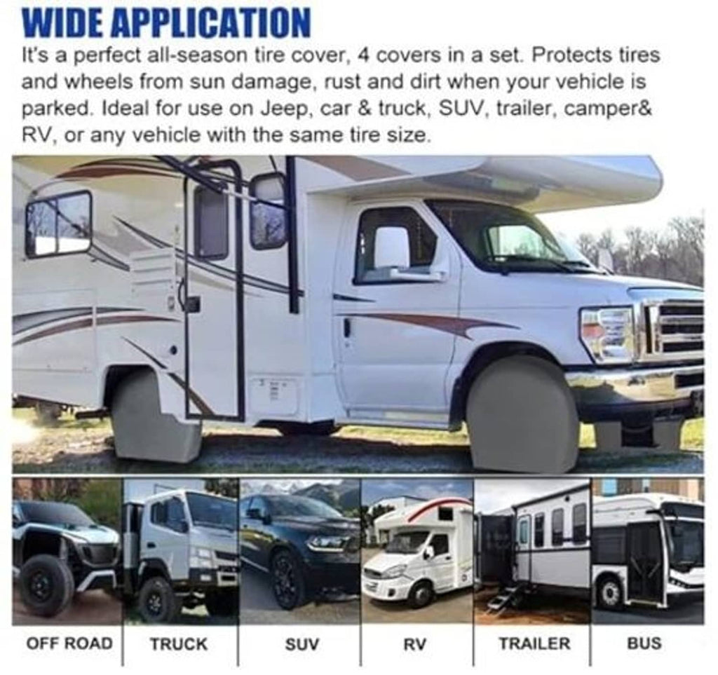 Light gray tire covers on RV and trailer wheels for covered, protected parking