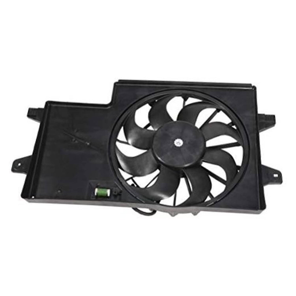 Radiator cooling fan assembly with black fan blades and rectangular mounting shroud