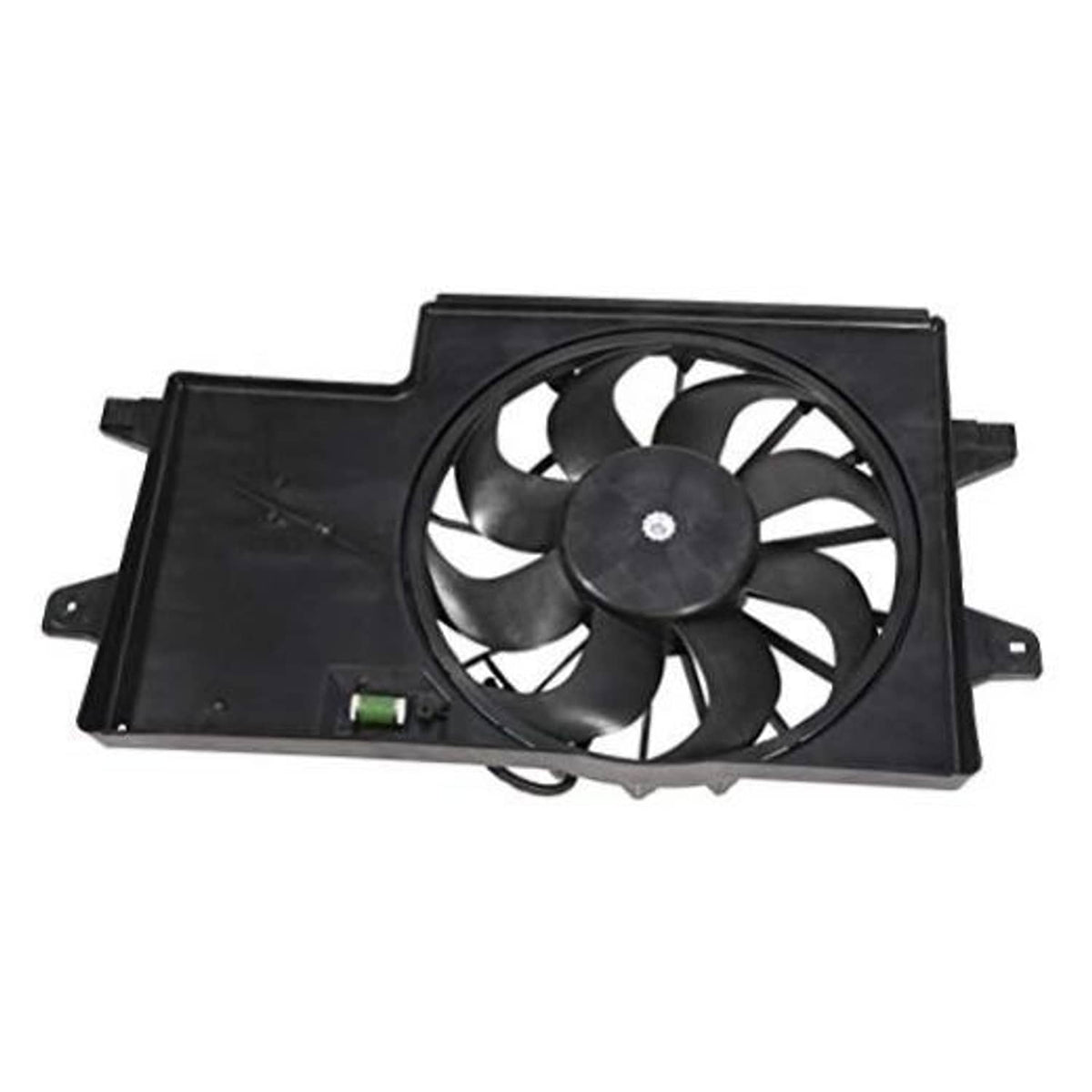 Radiator cooling fan assembly with black fan blades and rectangular mounting shroud