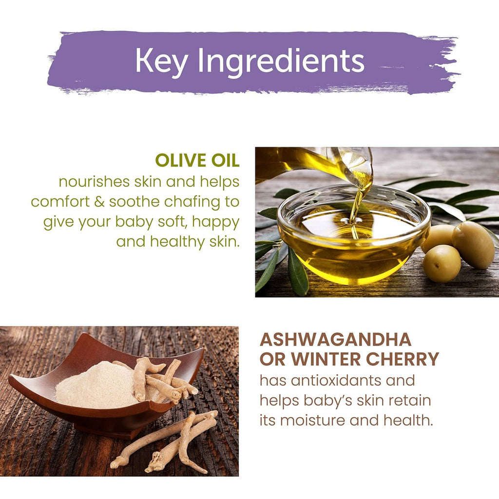 Key ingredients graphic for nourishing baby oil: olive oil and winter cherry