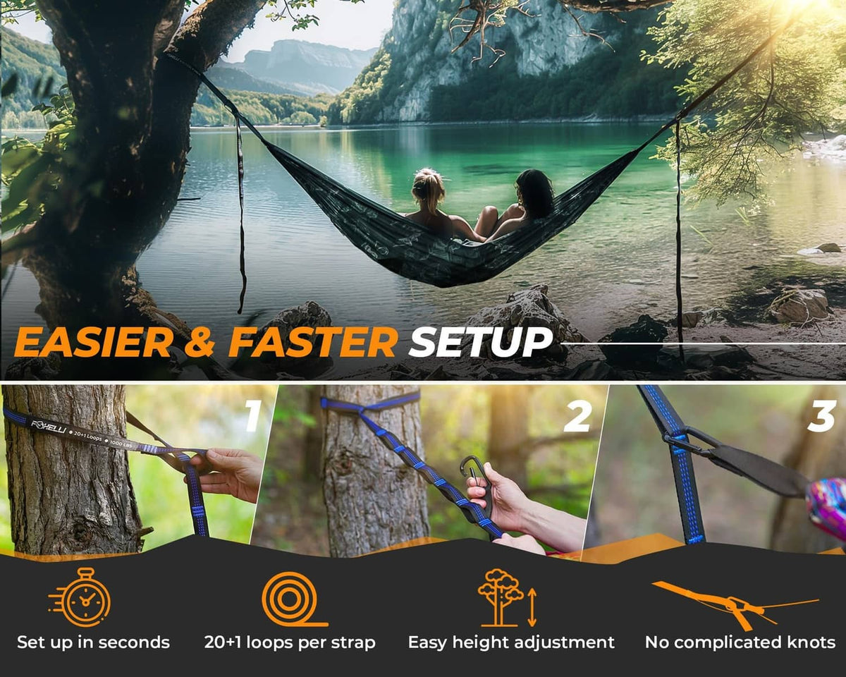 Hammock held by blue-and-black straps over a tree with adjustable loops