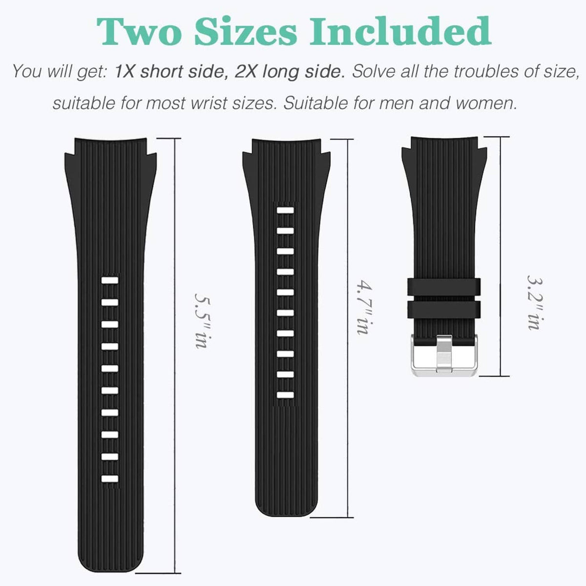Black silicone watch band lengths with buckle, two sizes included