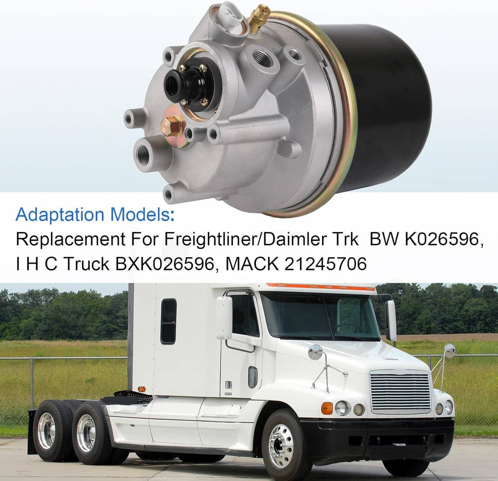 Air dryer assembly with black reservoir and silver housing, angled front view