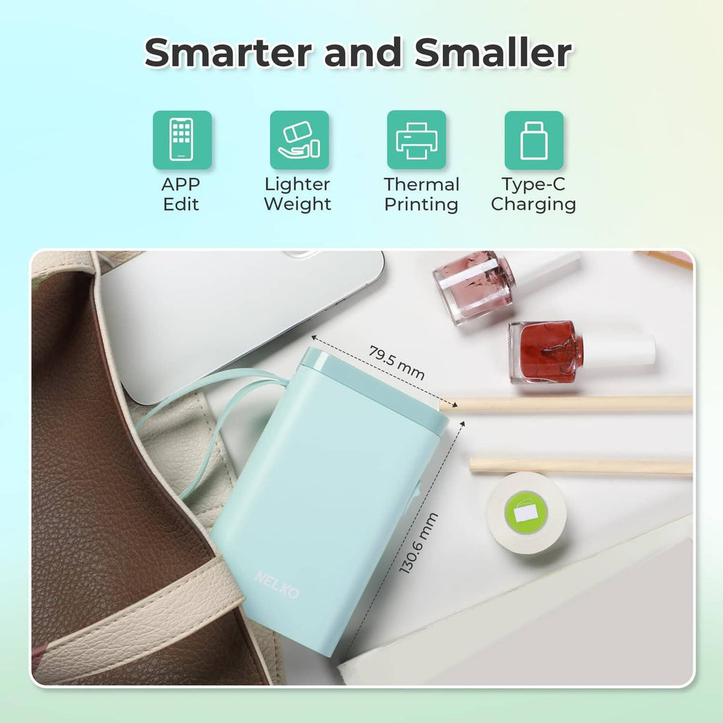 Cyan compact label maker with label tape, small accessories, and phone-sized design
