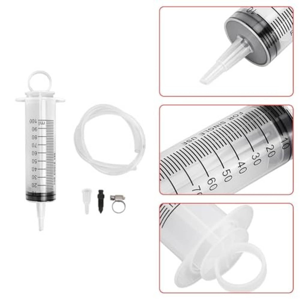 Brake bleed syringe with clear hose and nozzle/hose connection closeups