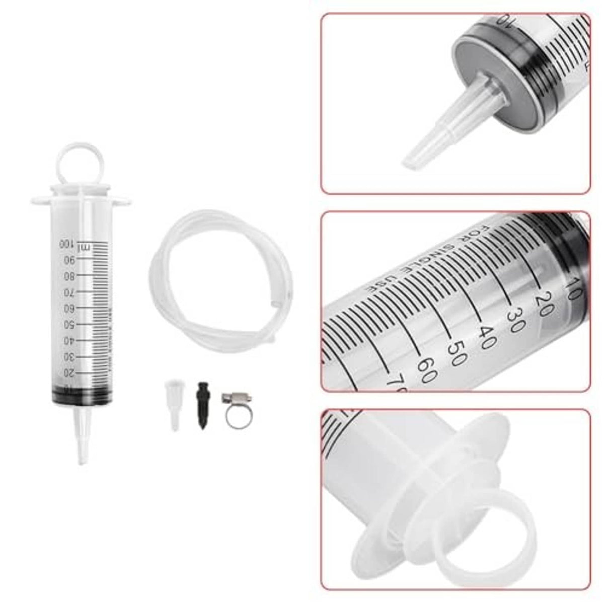 Brake bleed syringe with clear hose and nozzle/hose connection closeups