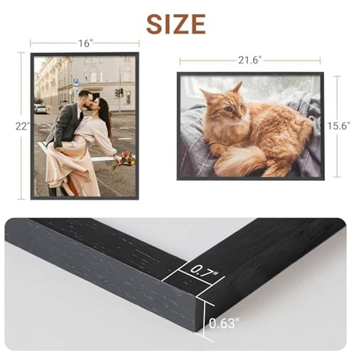 16x22 black wood picture frame with corner measurements and depth