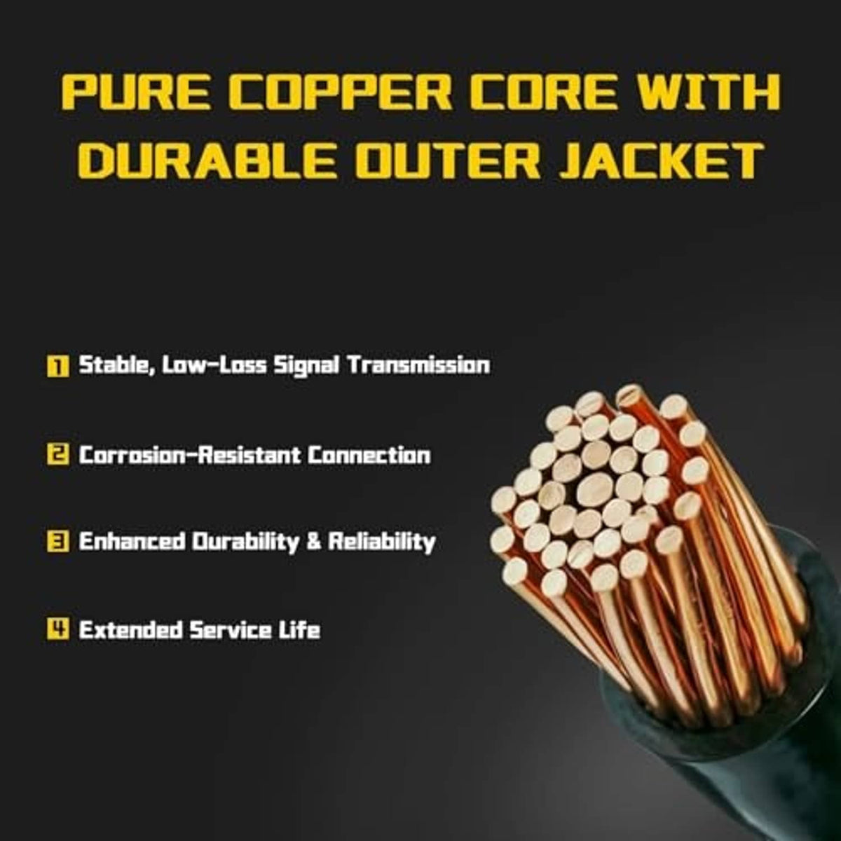 Backup camera cable with copper core and durable outer jacket, close-up wire bundle