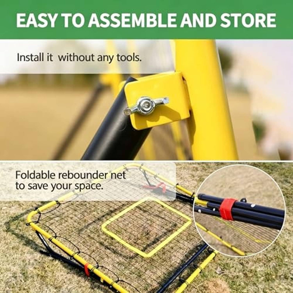 Folded yellow rebounder net with white mesh and black base on grass, compact storage