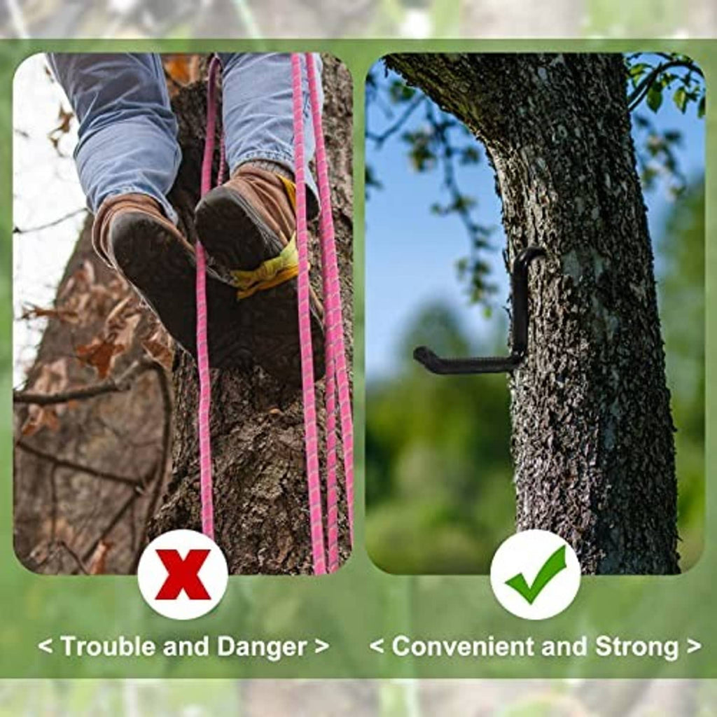 Black tree step hook mounted on a tree trunk for secure convenience