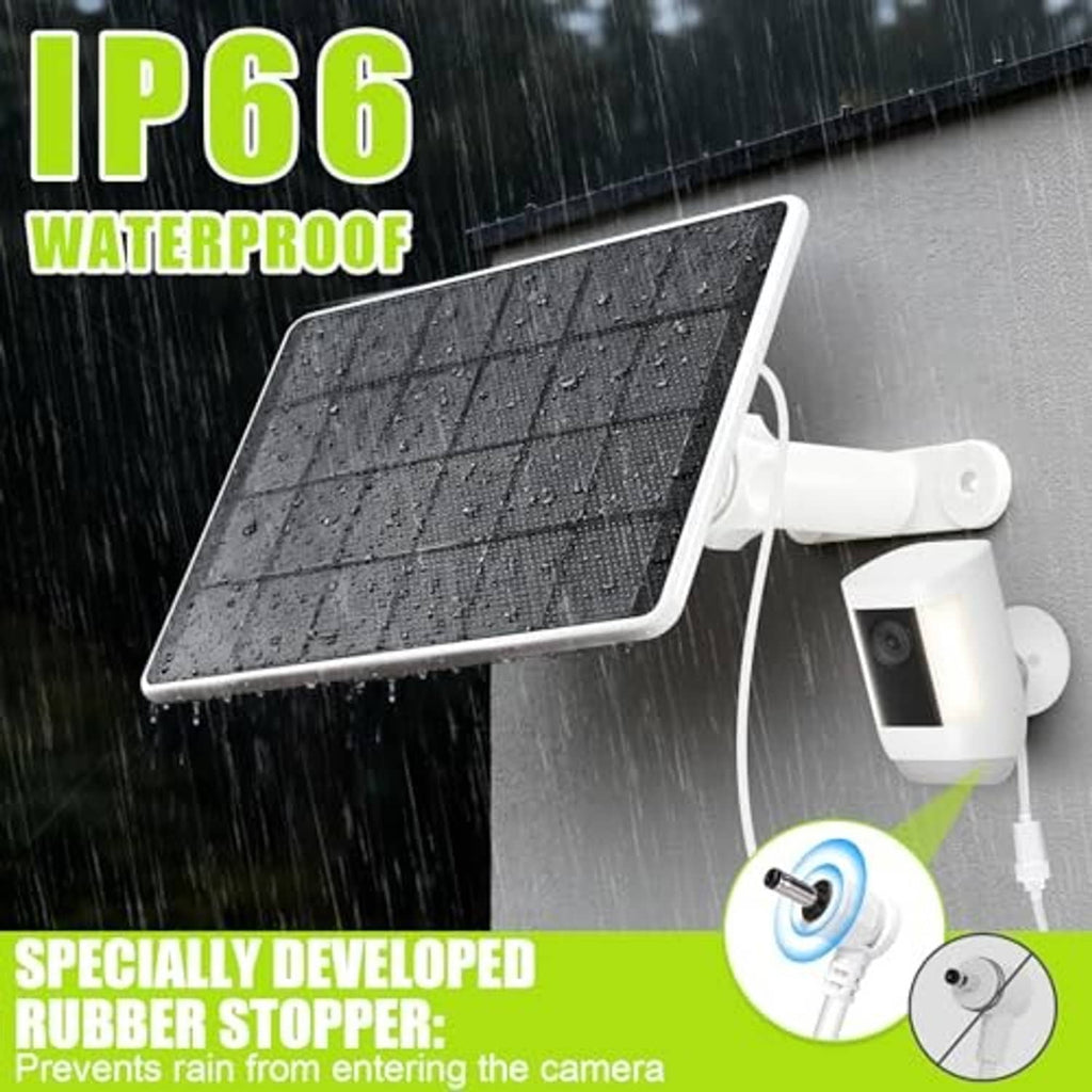 Weatherproof solar panel camera kit with IP66 label, white mount, and cable
