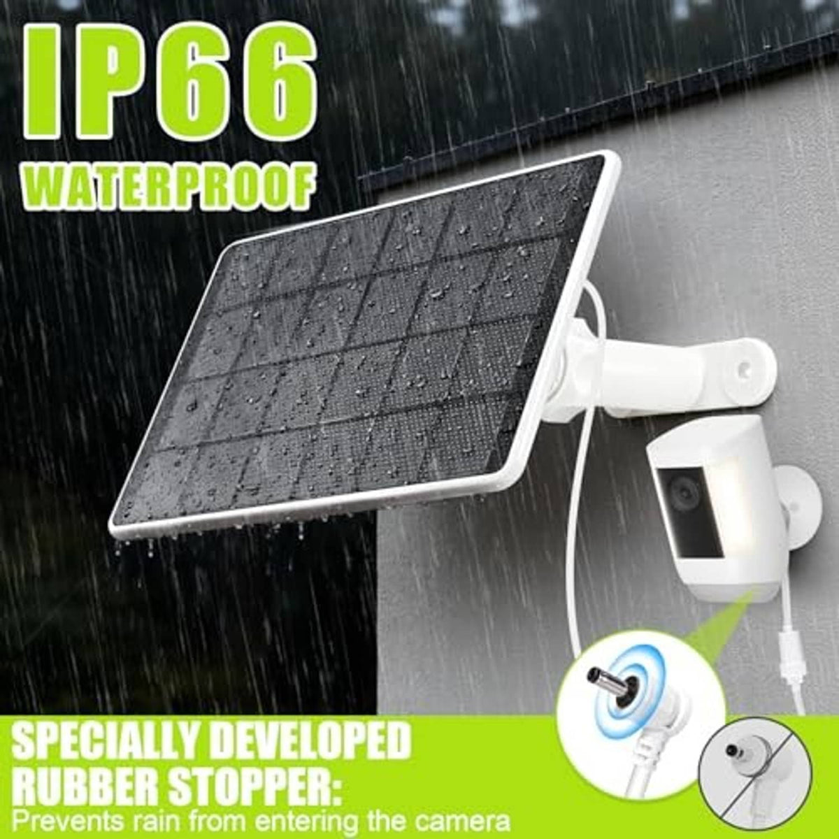 Weatherproof solar panel camera kit with IP66 label, white mount, and cable