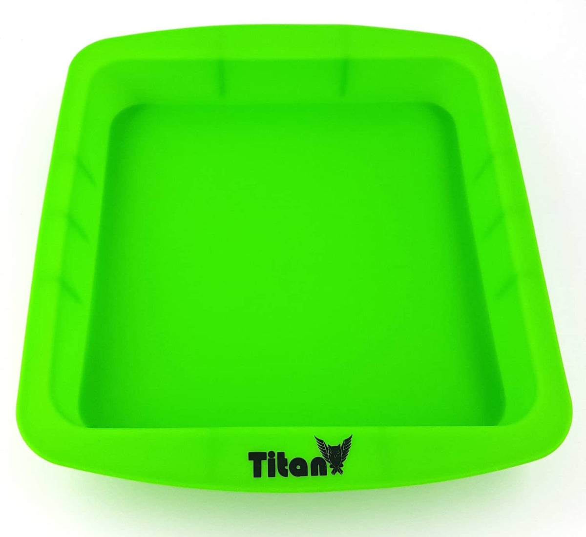 Green silicone deep dish tray cake pan, square interior, TitanOwl logo on base