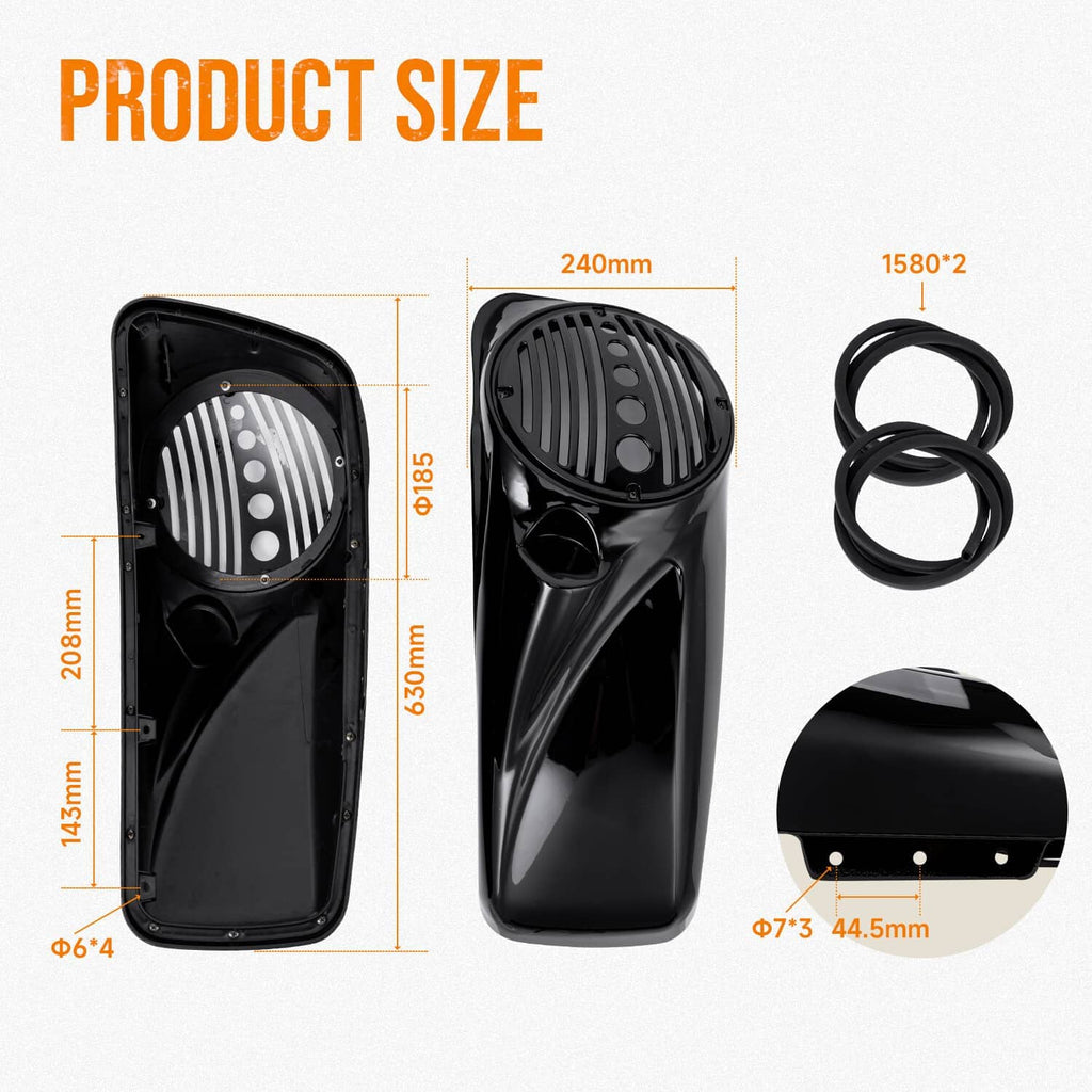 Black speaker lids and black rubber seal rings, shown with size reference diagram