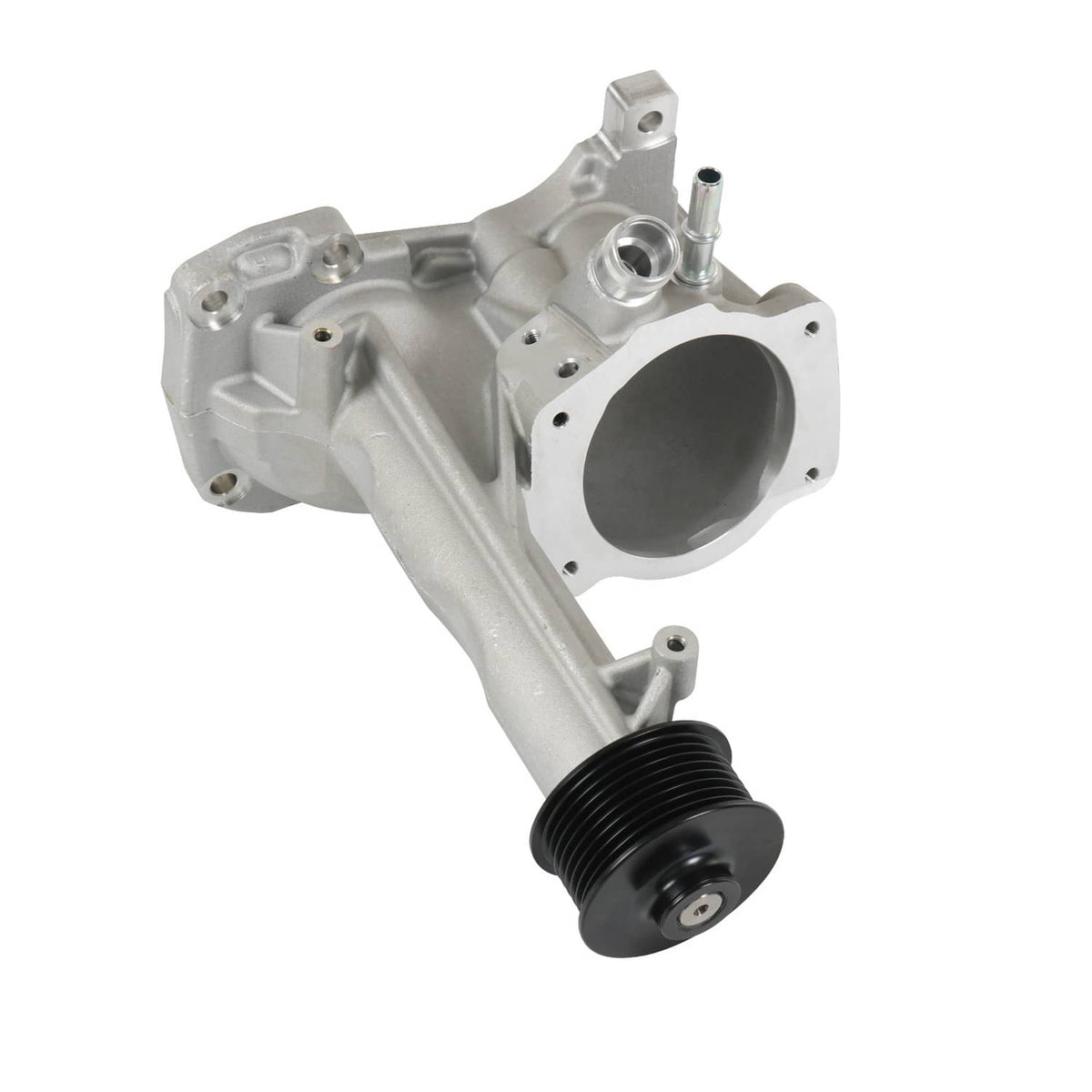 Supercharger snout assembly with metal intake opening and black pulley at front