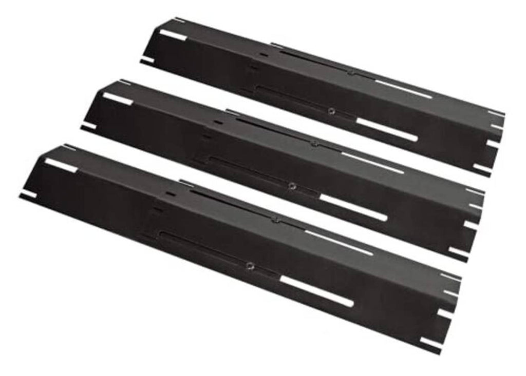 Three-piece black grill heat plate shield replacement with long vent slots and tabs