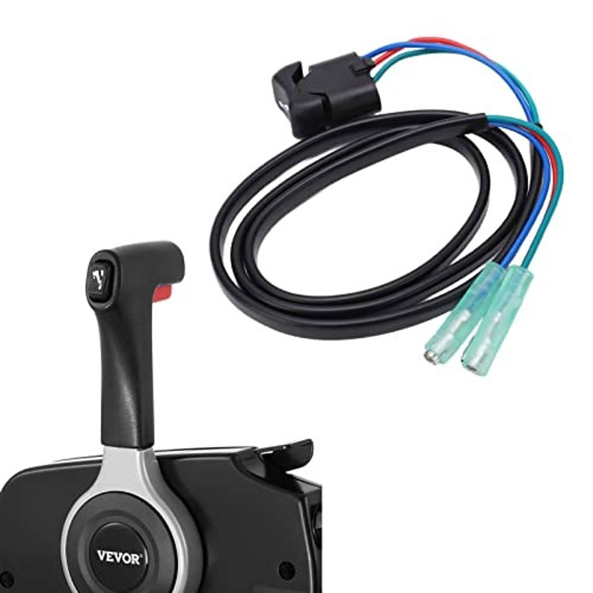 Outboard trim tilt switch control with attached wiring harness and teal terminal plugs