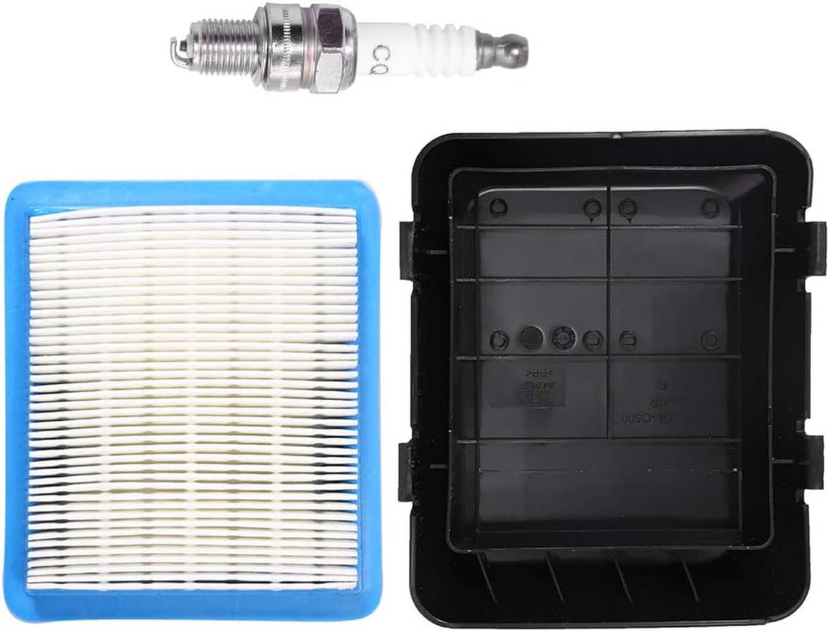 Air filter kit with blue pleated filter, black cover, and spark plug