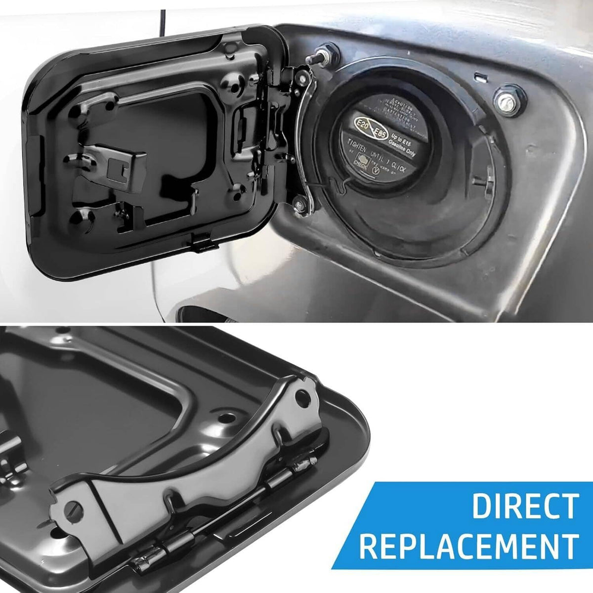 Black fuel door cover open near fuel cap area with locking latch
