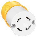 NEMA L14-30R locking female plug with yellow collar and white 4-prong face, close-up.