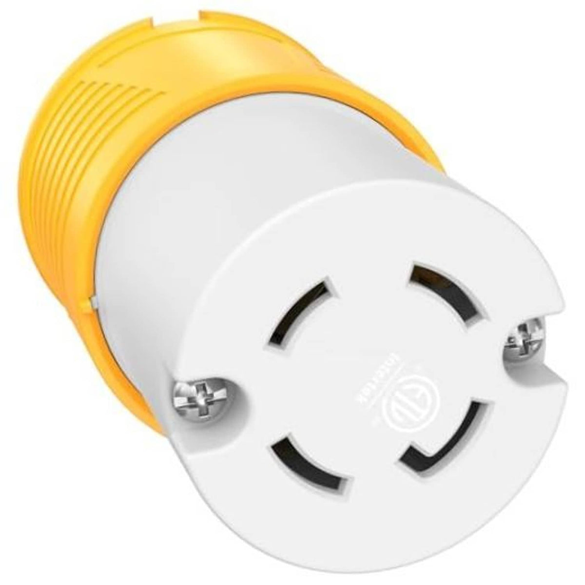 NEMA L14-30R locking female plug with yellow collar and white 4-prong face, close-up.
