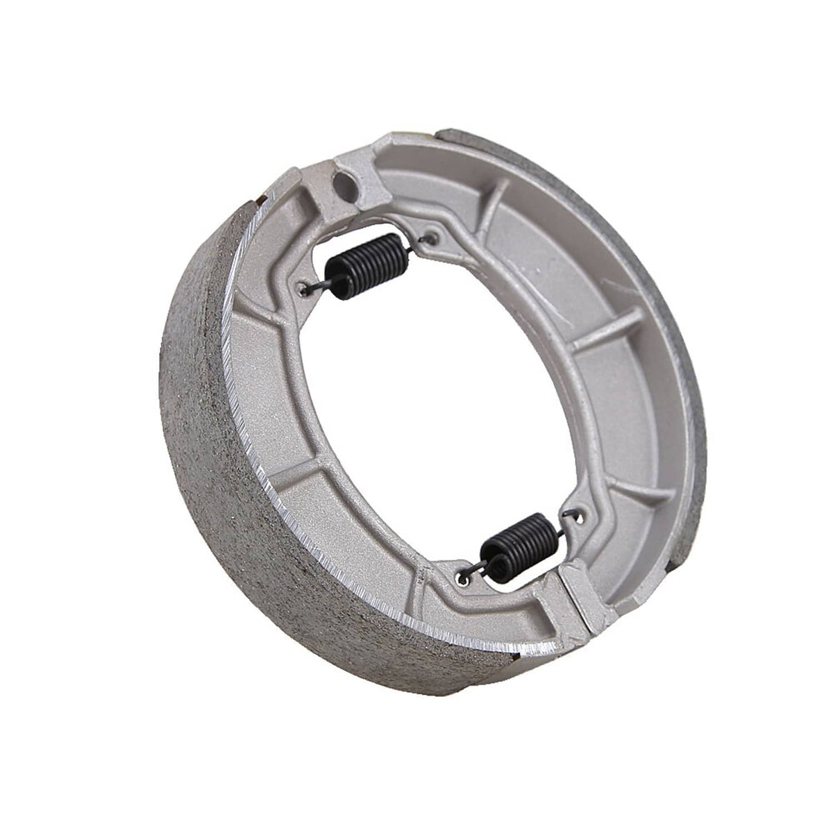 Rear brake shoes set with dark springs and metal backing with gray finish