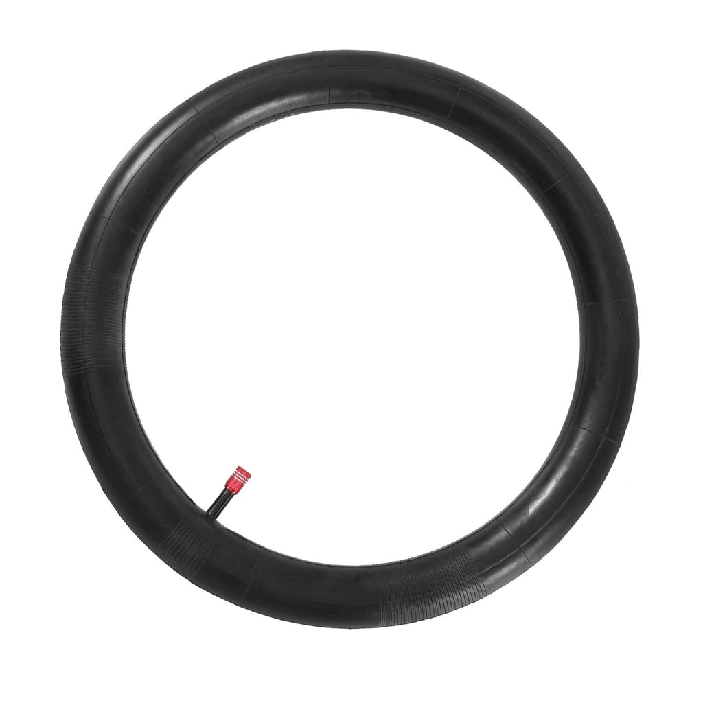 Black inner tube ring with straight red valve stem, front view