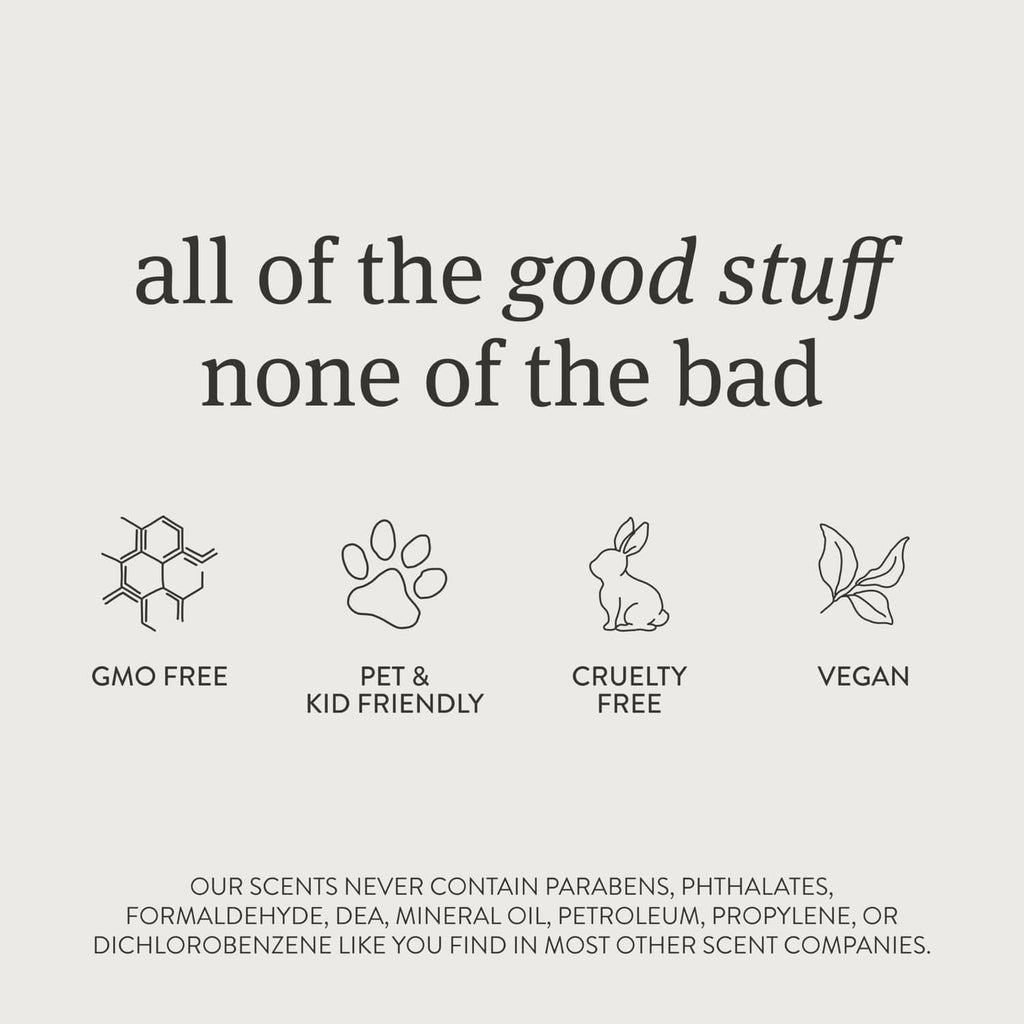 Scent diffuser starter kit feature icons: GMO-free, pet & kid friendly, cruelty-free, vegan