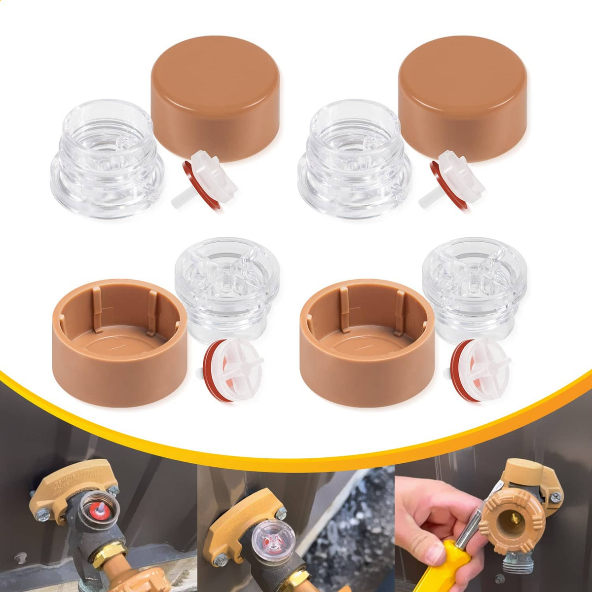 4-pack vacuum breaker float kit with brown caps and clear float inserts