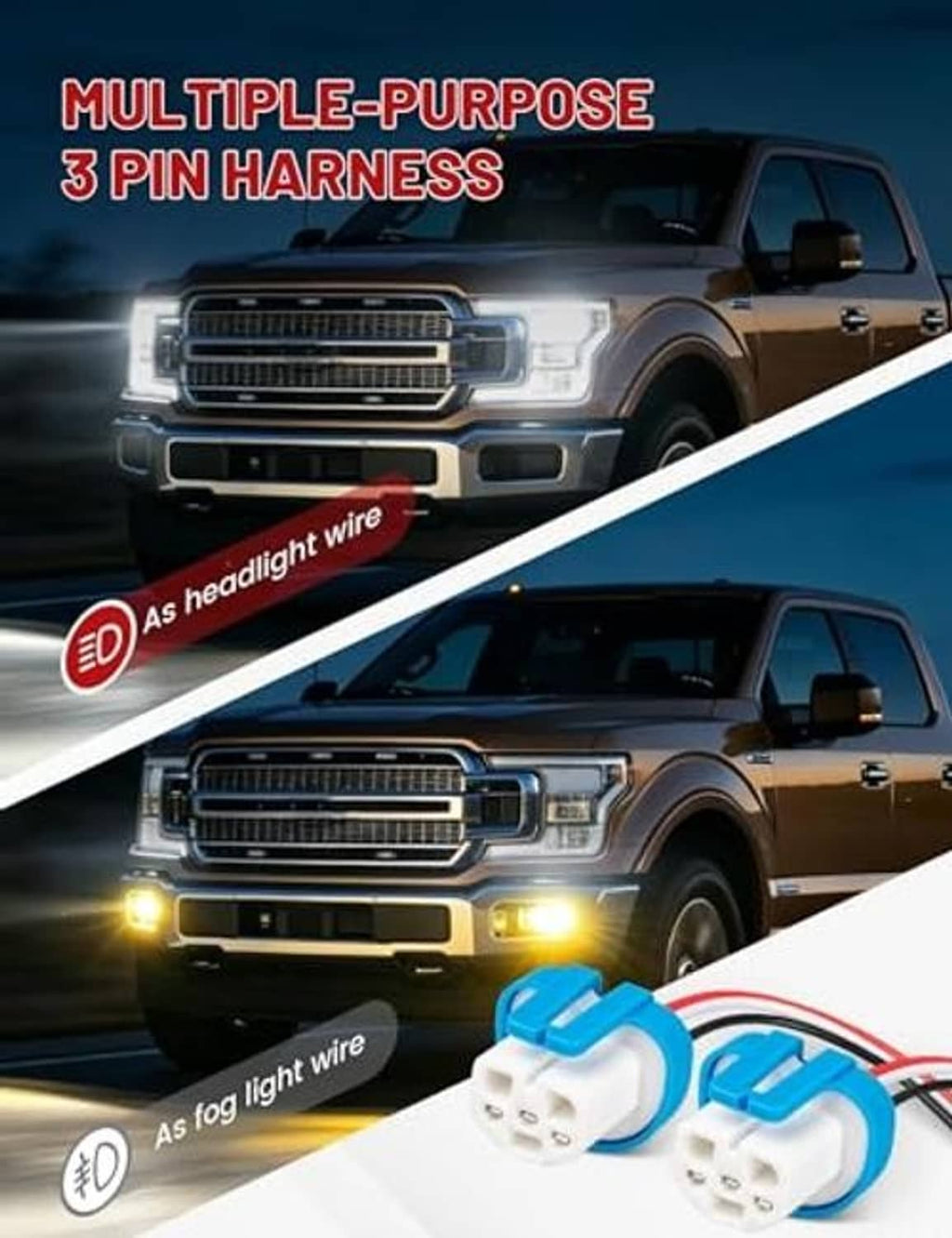 3-pin headlight wire harness with two blue connectors and red/black wiring