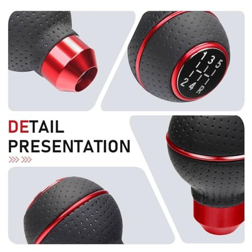 Black perforated leather gear shift knob with red accent ring and red base