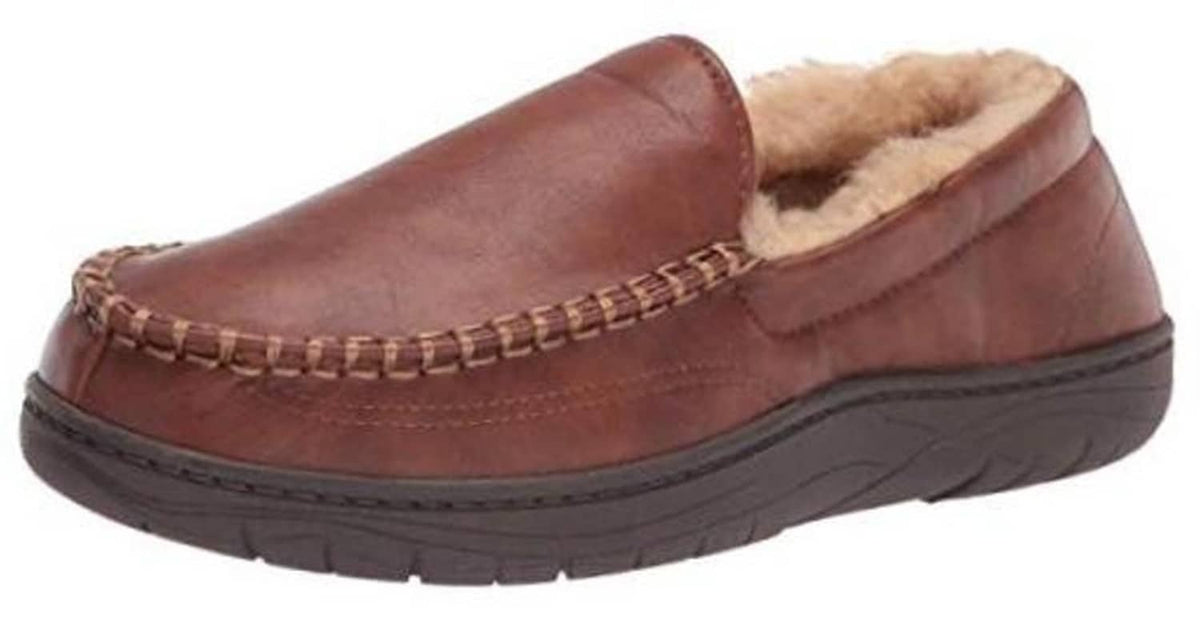 Men's tan suede-look slip-on house shoe side view with faux fur lining and stitched trim