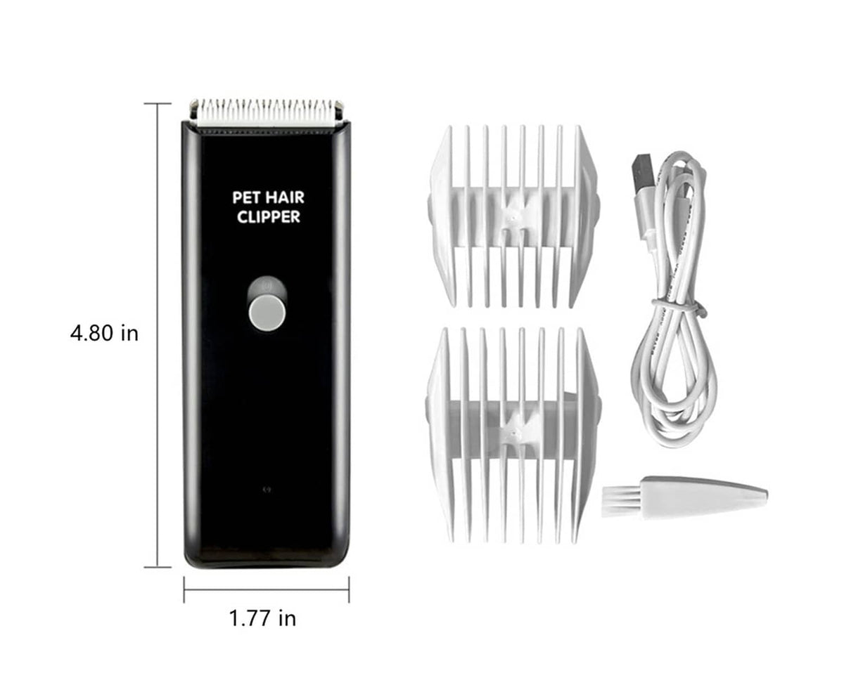 Black pet hair clipper with two white cutting guards and USB charging cable