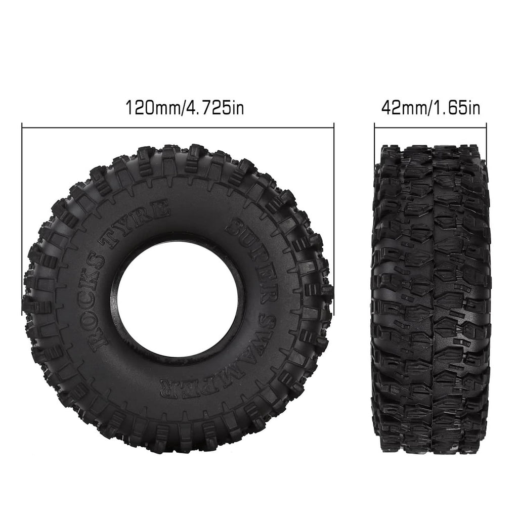Black 1.9 crawler tires with sidewall height 120mm/4.725in and width 42mm/1.65in