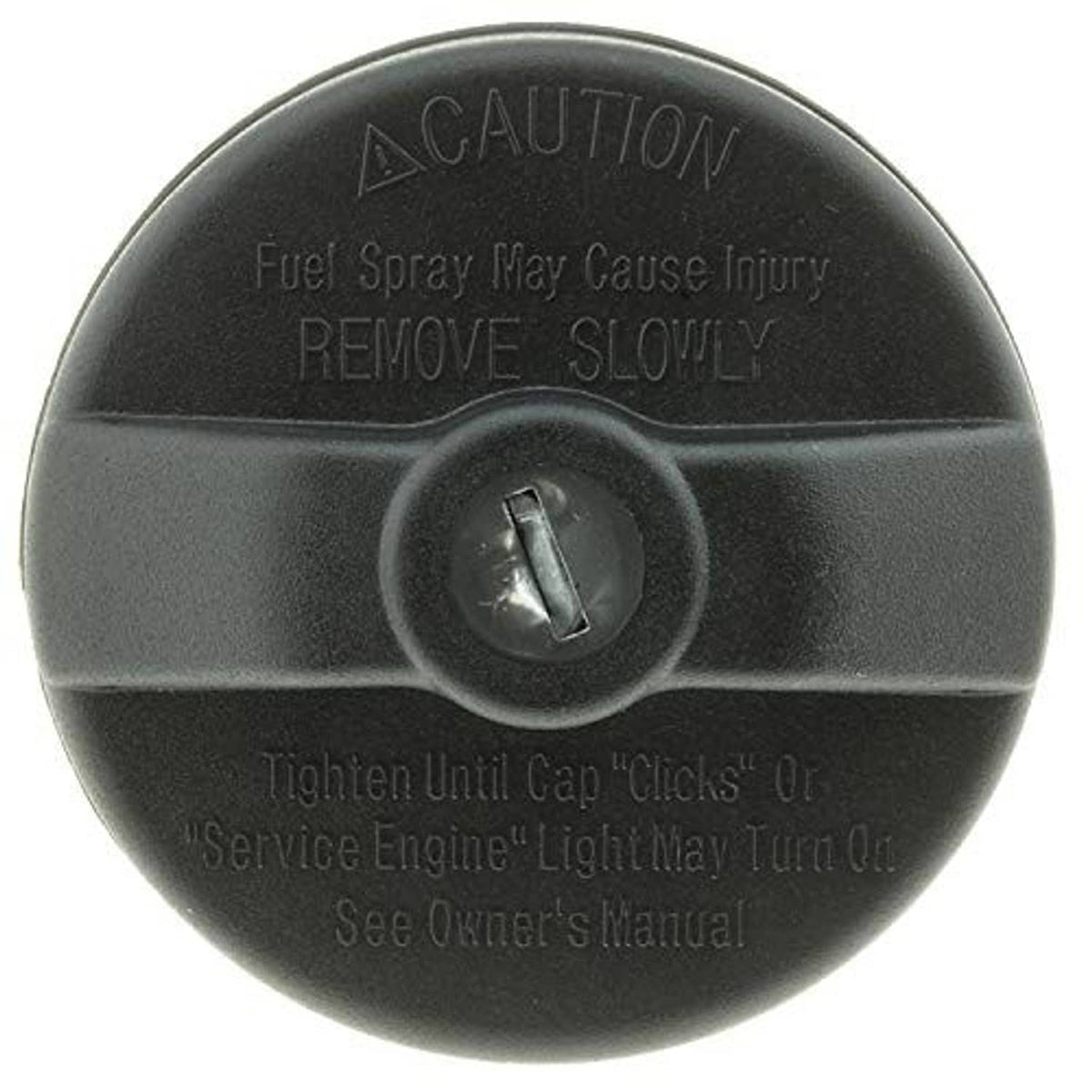 Fuel cap face with caution text and lock knob, dark gray plastic